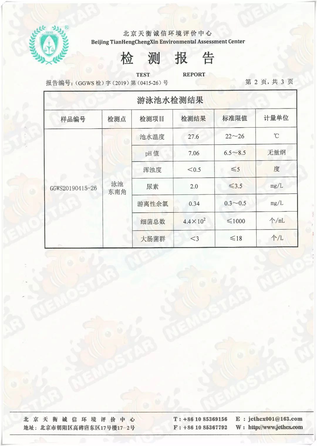 2019年4月份 游泳池 检测 报告_水质