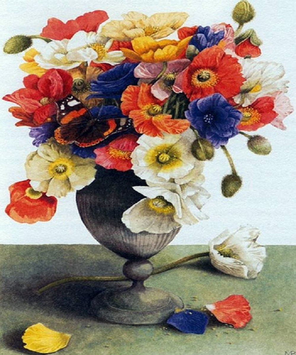 marjolein荷兰女画家《花语鸟情水彩画》