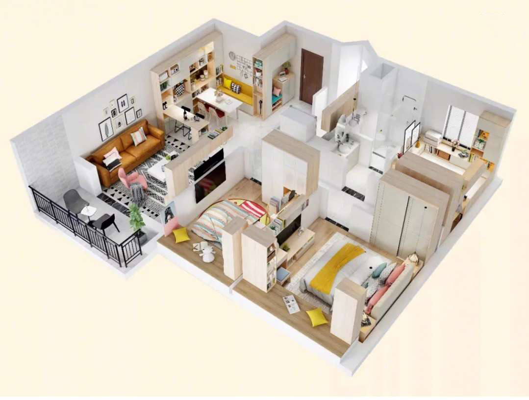 首先是全房的3d模型,房子是三室两厅的普通户型.