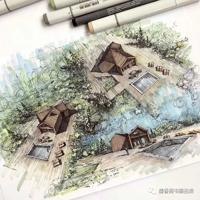 精湛的馬克筆建築景觀手繪效果圖大視野鳥瞰透視把握的很精準