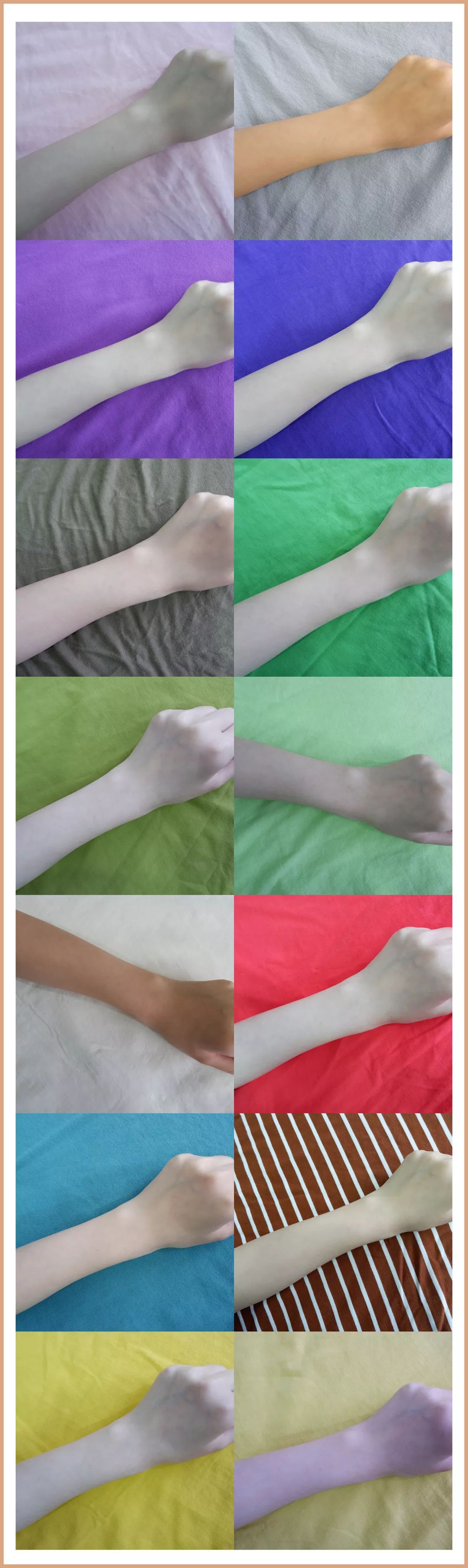 人尝试的,在同一个光线下,每个颜色的衣服都会让皮肤呈现出不同的状态