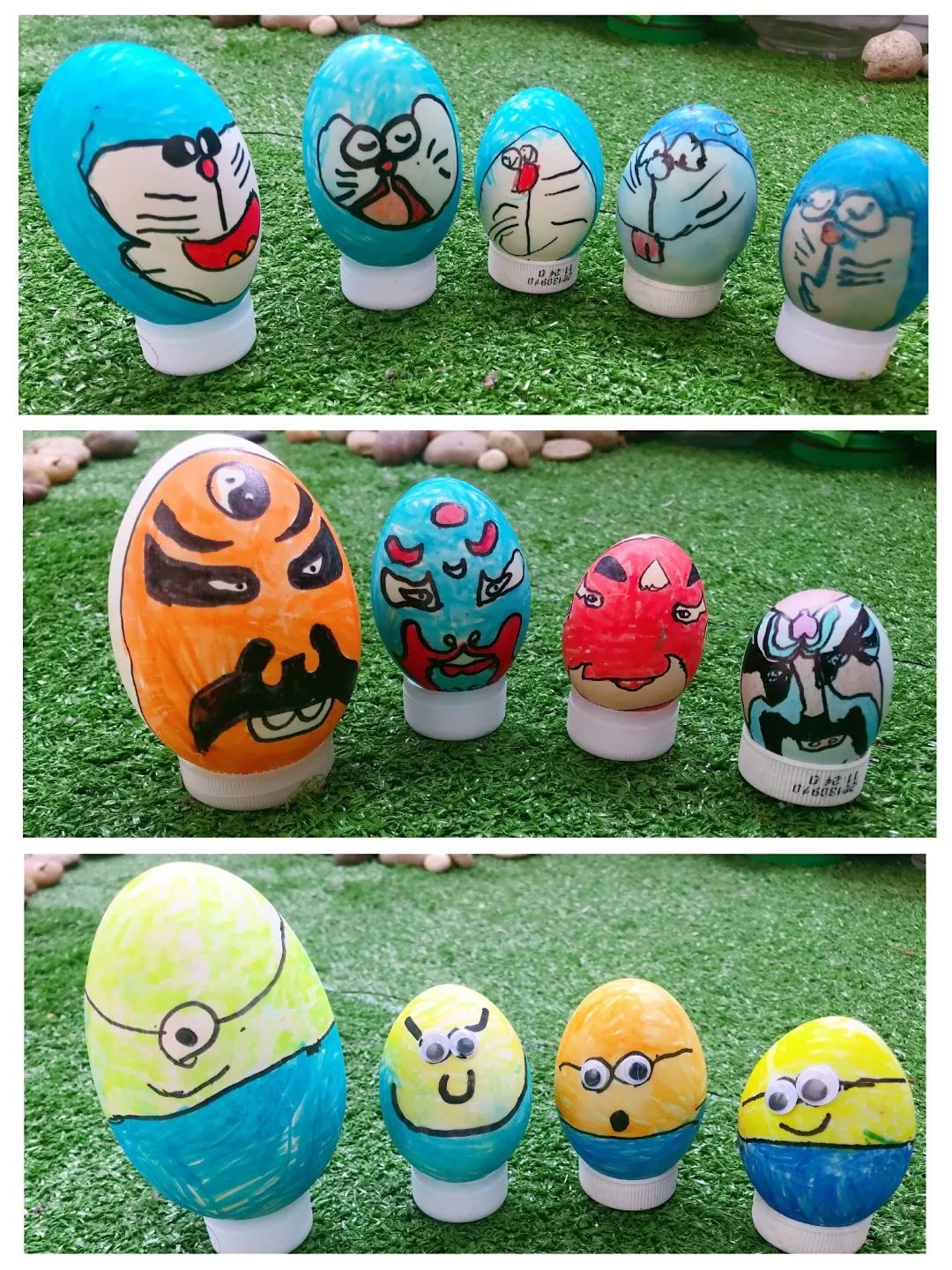 绘画的主题进行分组,在鸡蛋,鸭蛋,鹅蛋蛋壳上勾勒出了中国脸谱,小黄人