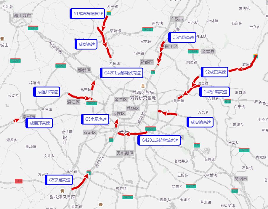 g5京昆高速等部分路段;返程易拥堵缓行的路段包括s1成绵高速复线,成温