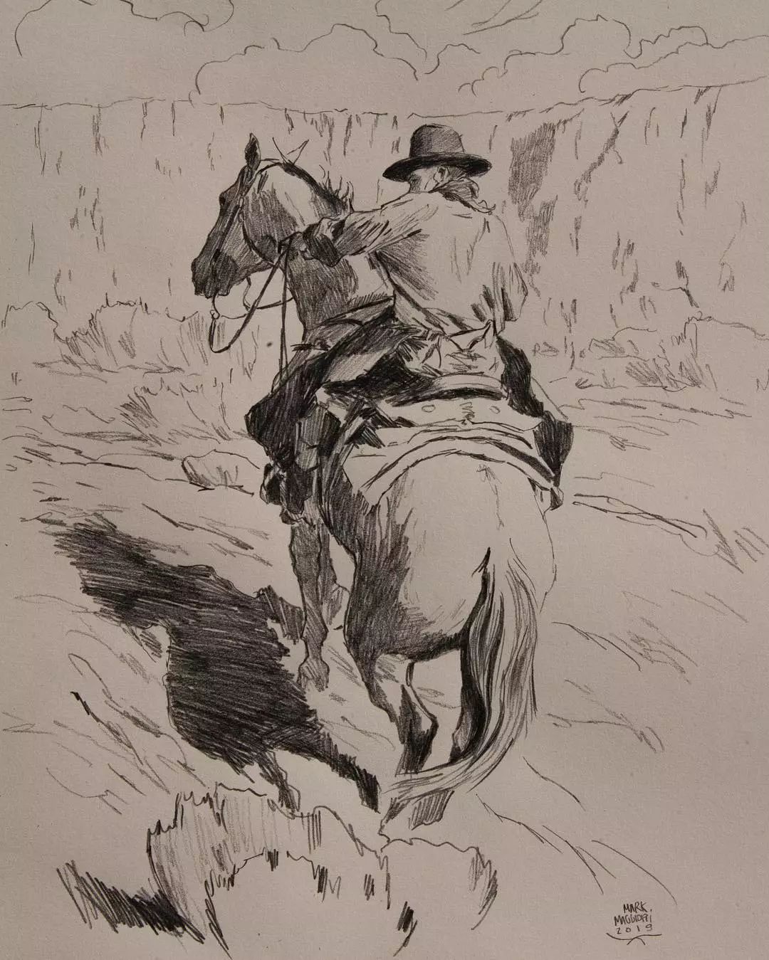 法国画家markmaggiori素描中的美国西部牛仔