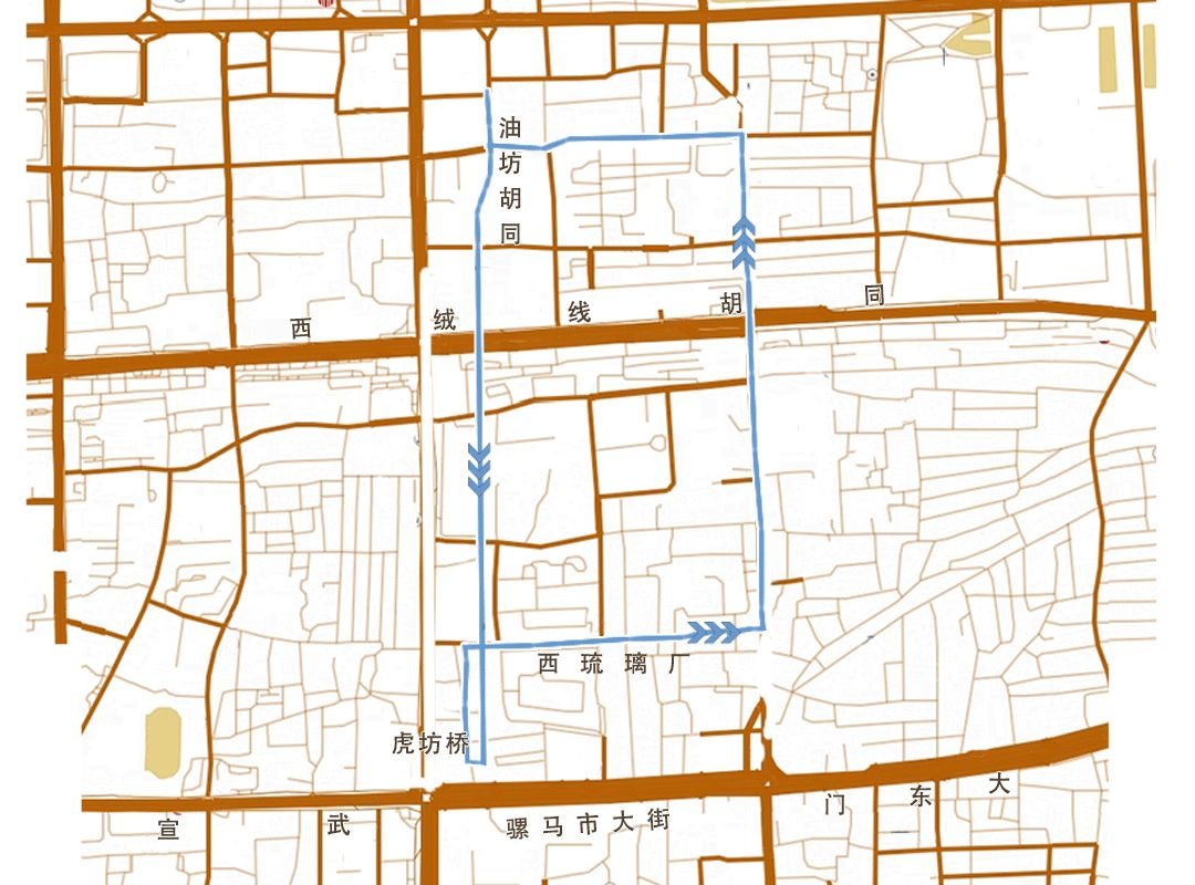 从"油坊胡同-骡马市大街-虎坊桥-东琉璃厂-油坊胡同"就算是从婆家