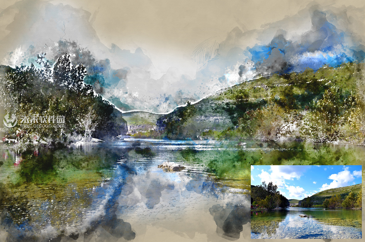 风景照片转水彩画效果ps动作