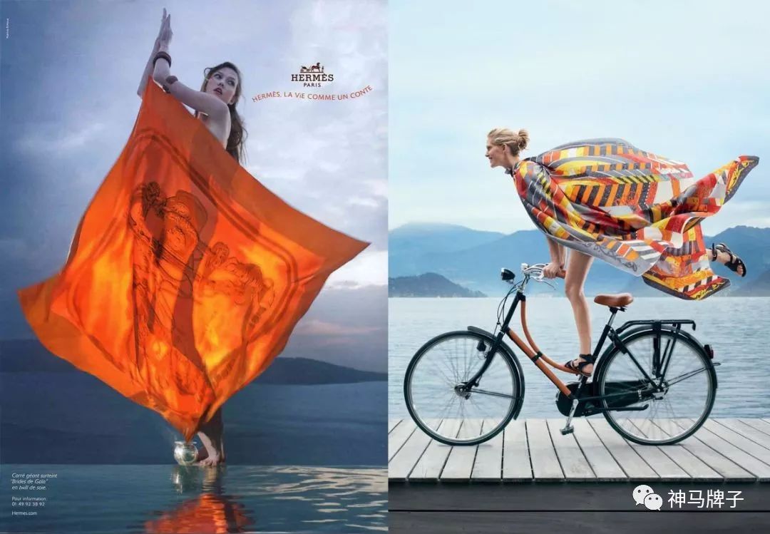 在爱马仕的丝巾广告中,我们也能看出通常所处的场景整体色调比较暗,而