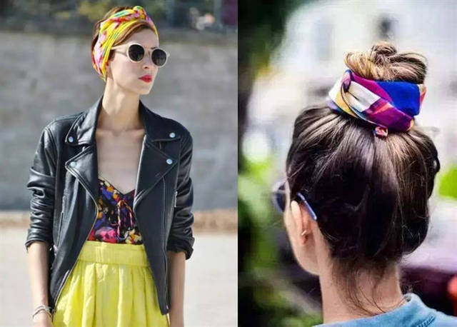 丝巾除了可以搭在身上,还可以用来做头饰,像这种丝巾绑在丸子头的辫子