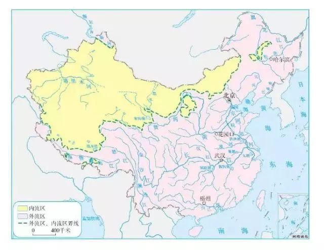 内流区与外流区的界线:北段:大兴安岭,阴山,贺兰山,祁连山的东端 南段