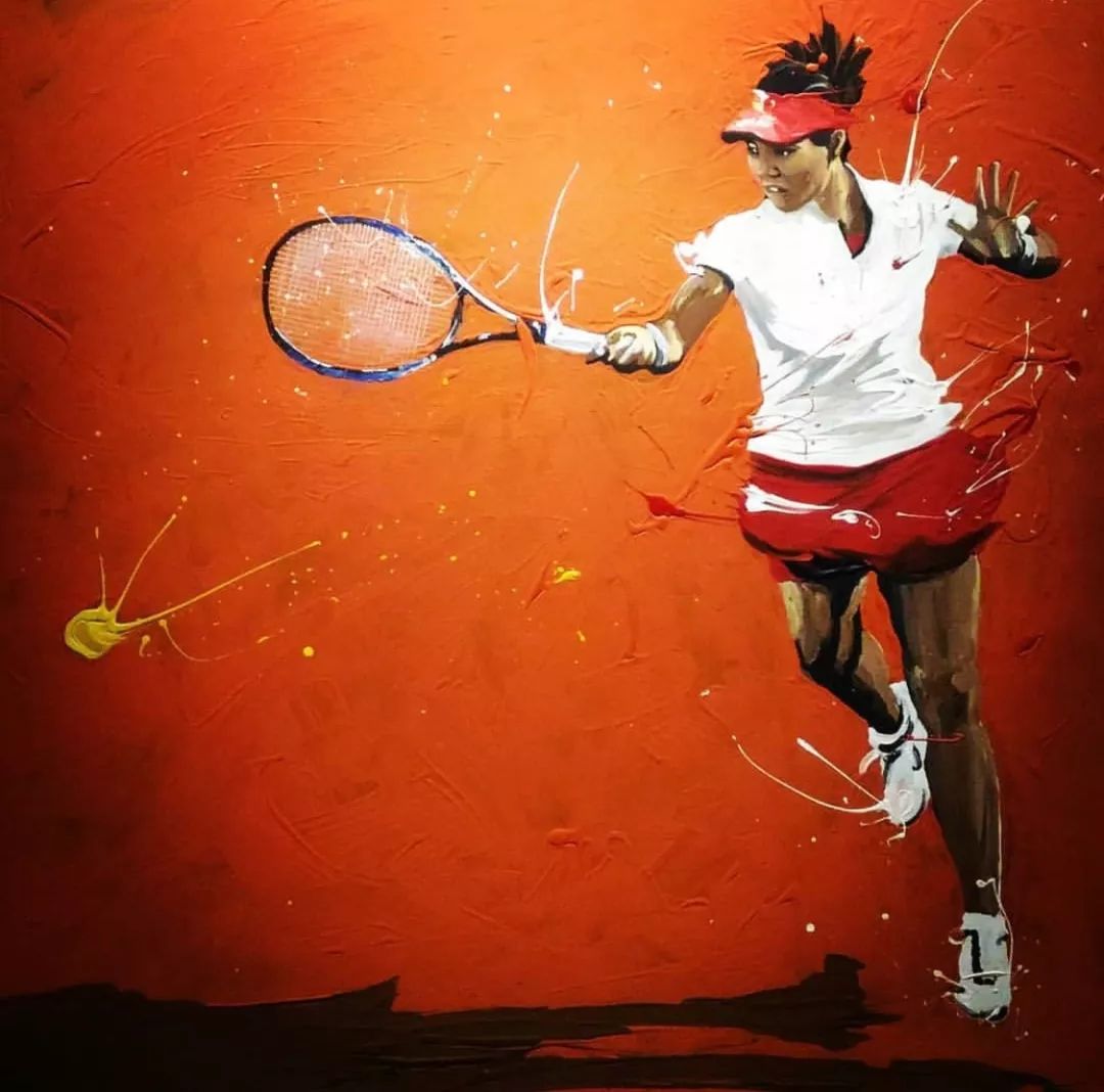 一副鲜艳动感的油画定格下李娜赛场上的英姿,网球不仅仅能用来装饰,更