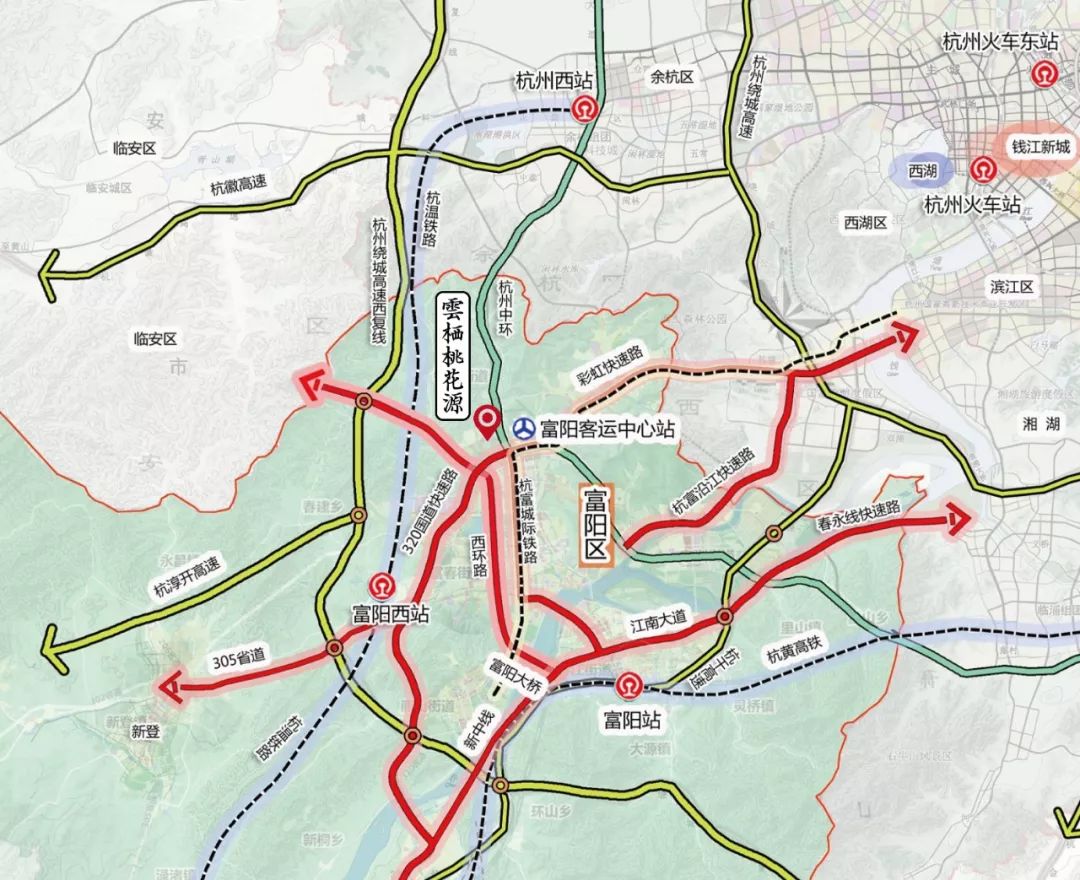 科技城相继落址;2020年随着320国道扩建,彩虹快速路西延,杭富城际铁路