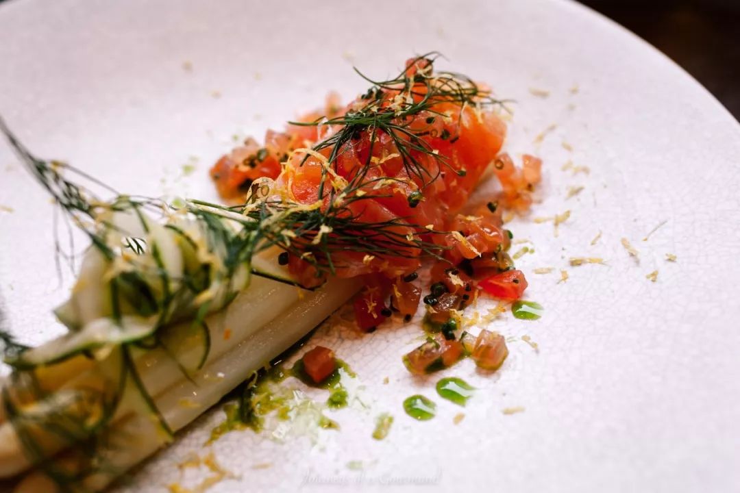 white asparagus, house smoked salmon, zucchini, tomato salsa