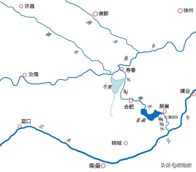而另一方面,江东水军由长江经濡须水进入巢湖,再由巢湖进入南淝水,就