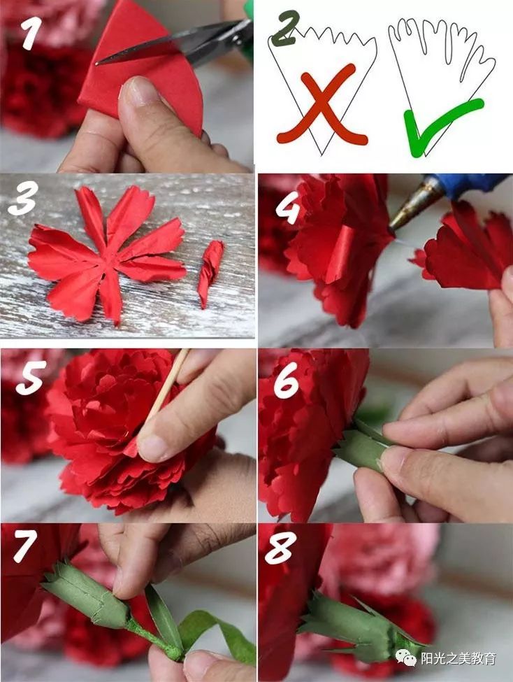 接着一个个的黏到铁杆上即可,可用细木棍弯曲纸边缘塑型,最后做花托