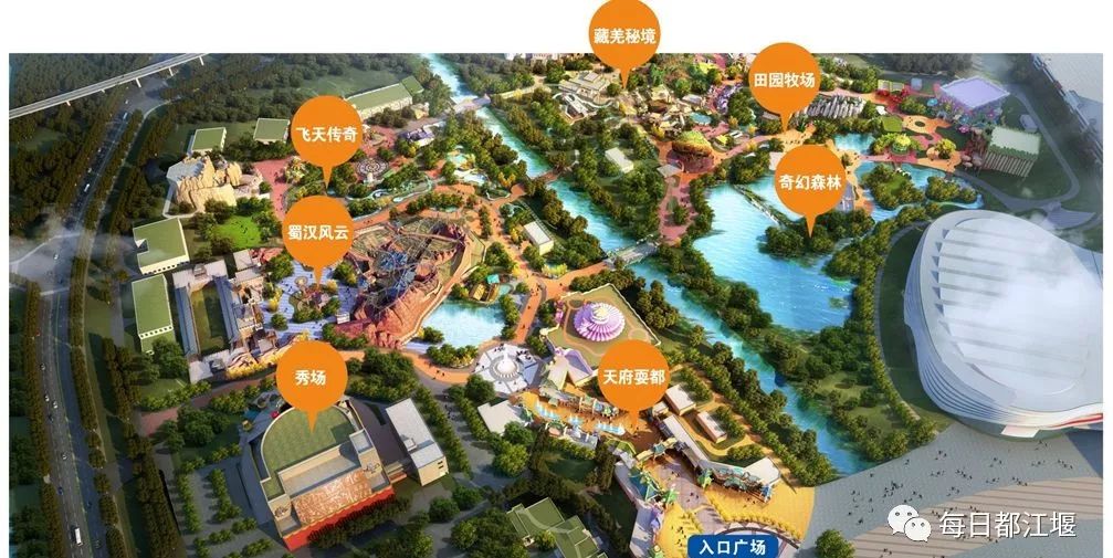 成都融创乐园建筑面积约9万平方米,分为六大主题功能区:天府耍都,蜀汉