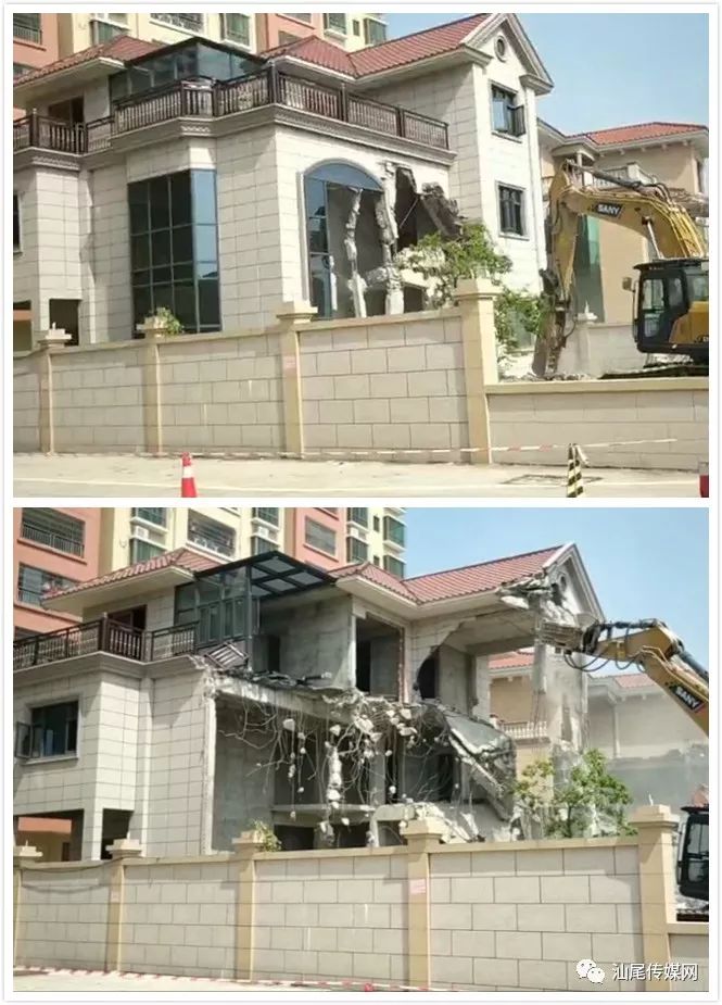 今天,海丰某公园内多栋违建别墅被拆