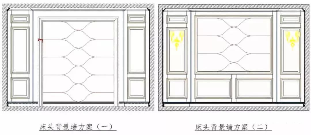 床头背景墙方案一,方案二均为左右整体型墙板,中部外凸型结构