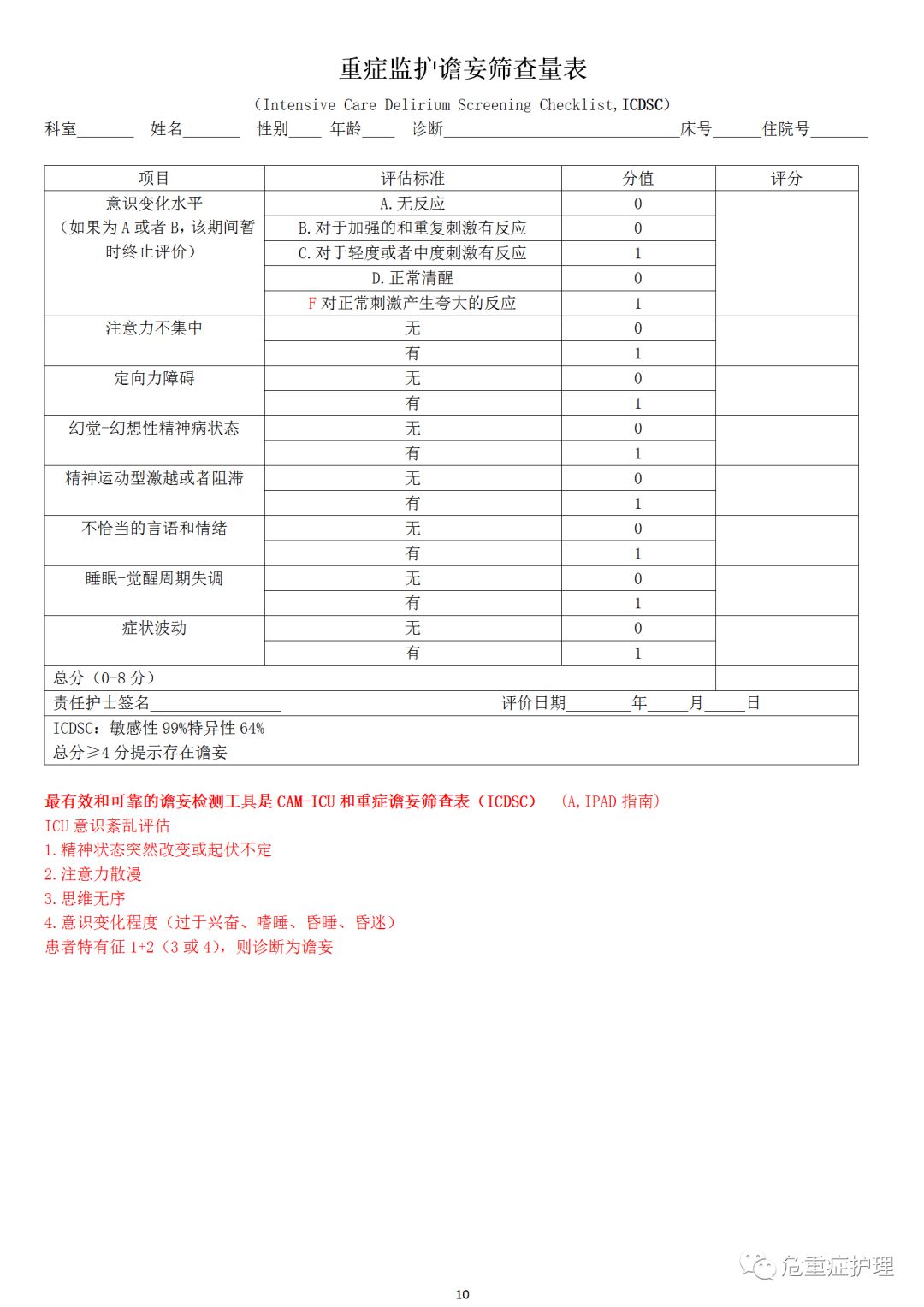 重症患者谵妄评筛查量表和意识紊乱评估表