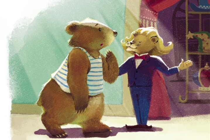 二,邦邦化装(狮子在化妆间里忙来忙去,一边哼着小曲一边整理化妆的