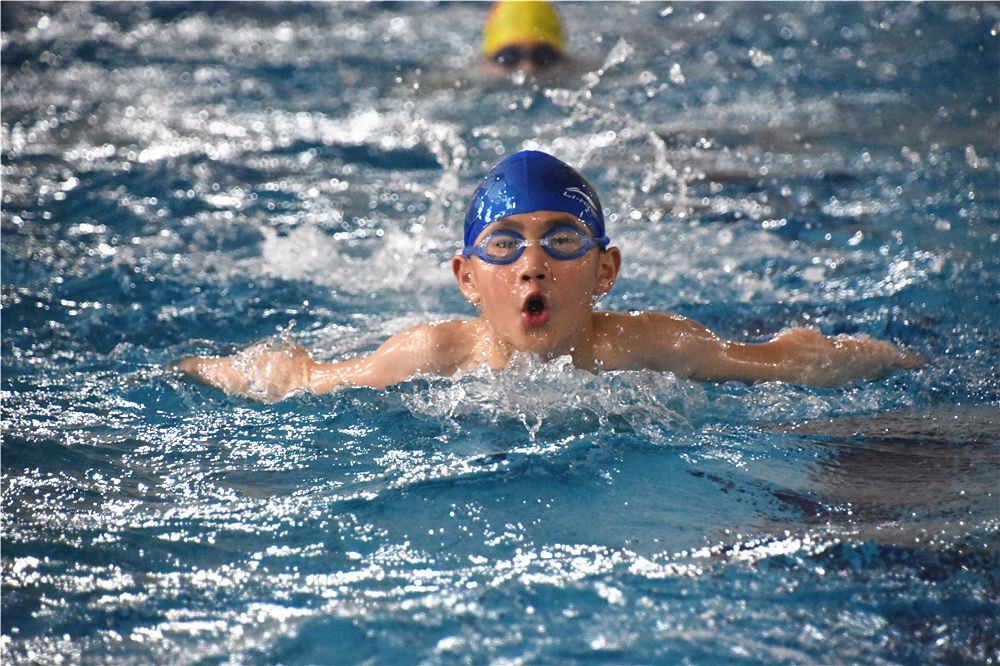 蝶泳训练△游泳校队合影目前,我校不仅有专业比赛级别的校队训练,三