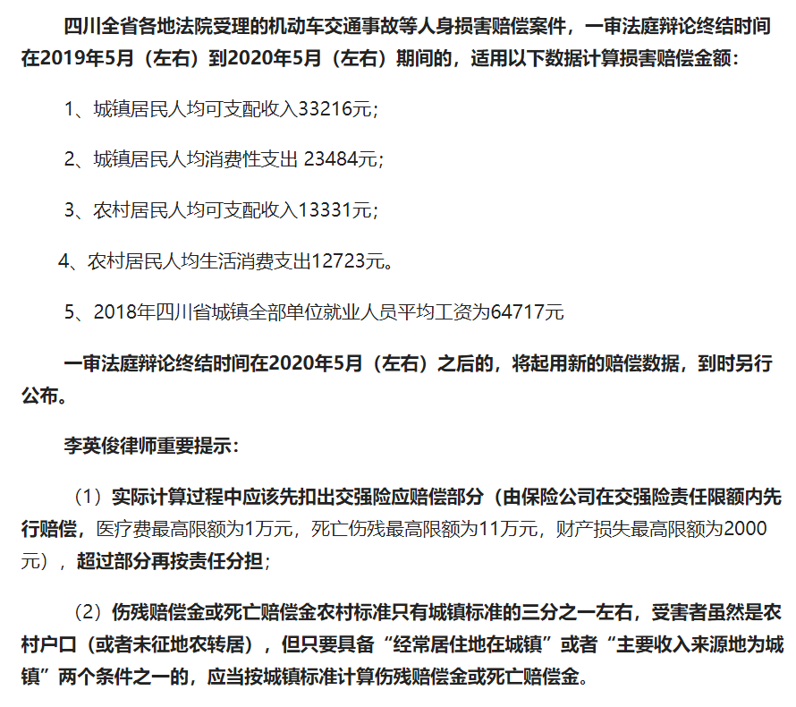 2019年-2020年四川(成都)交通事故賠償標準(車禍賠償標準)