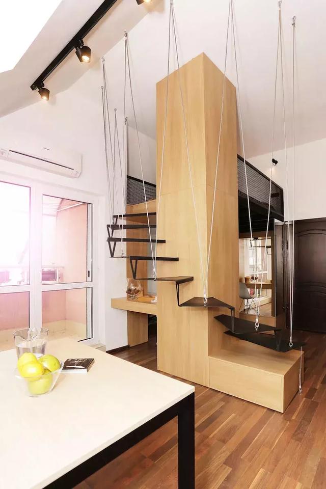 20㎡单身公寓小阁楼,铁丝网卧室 悬浮楼梯,这设计有个性!