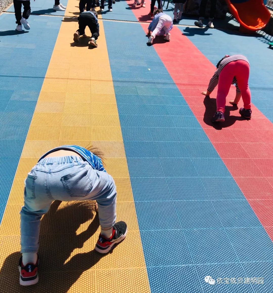 你会倒退爬吗?手脚着地自然协调地向前倒退爬,一起来比赛吧.