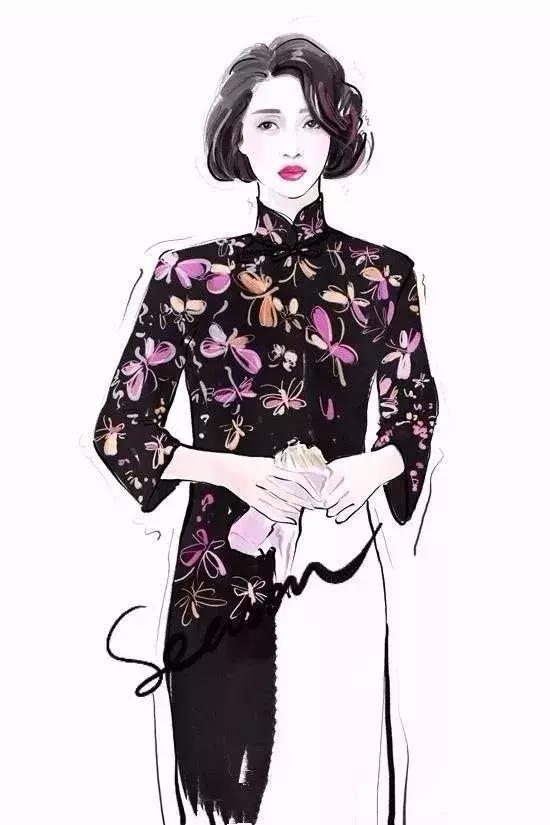 美呆了国画插画穿旗袍的女人