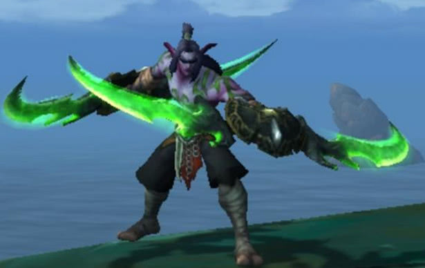 先来看看这套war3恶魔猎手幻化吧,就是汲取古尔丹之前的伊利丹造型,最