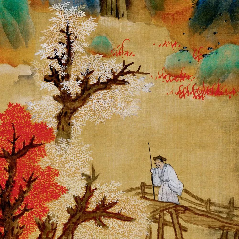 传世墨迹——没骨重彩染山间 蓝瑛《白云红树图》