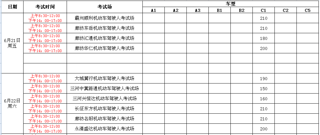 2019年6月份科目二(场地)考试计划安排表