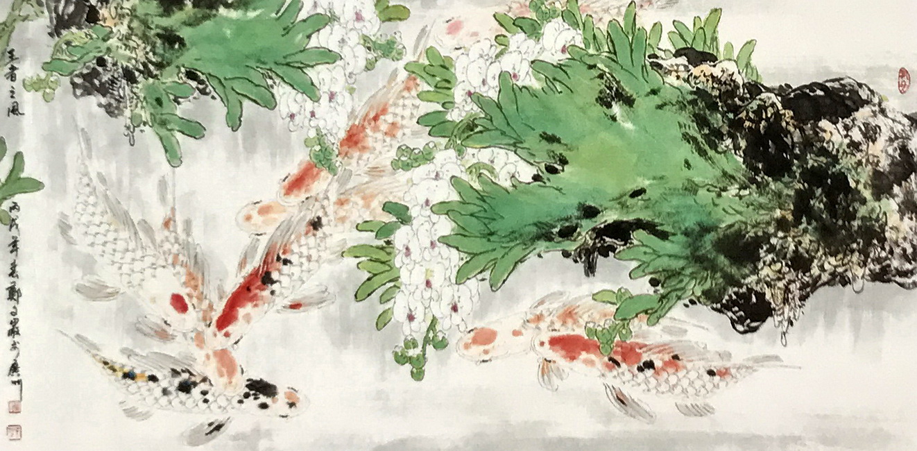 荷塘鱼翔浅底,果林春华秋实——国画花鸟艺术作品