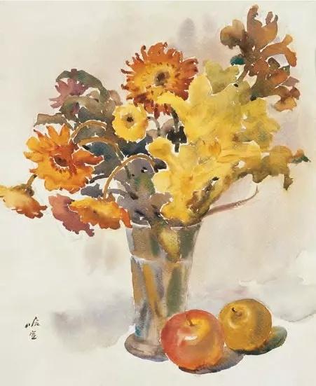 肖峰(左一)一起在浙江采风1947年,哈定与张充仁下面是先生的作品和