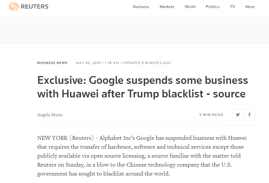 路透社：谷歌已暂停与华为部分业务 称“遵从指令”