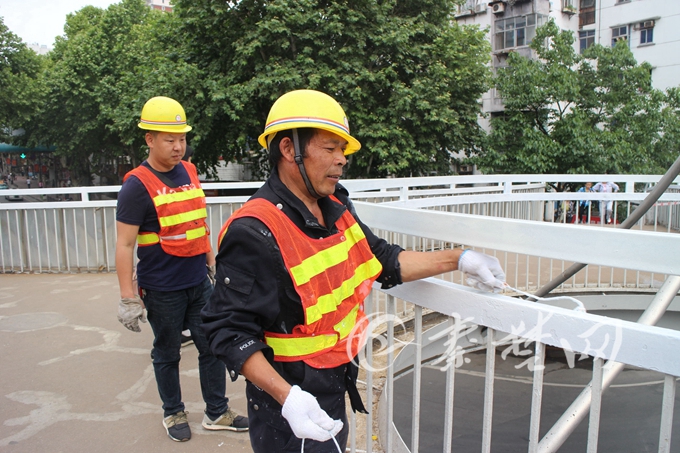 東嶽路人行天橋護欄加高了20釐米,工人們正在刷漆首尾.