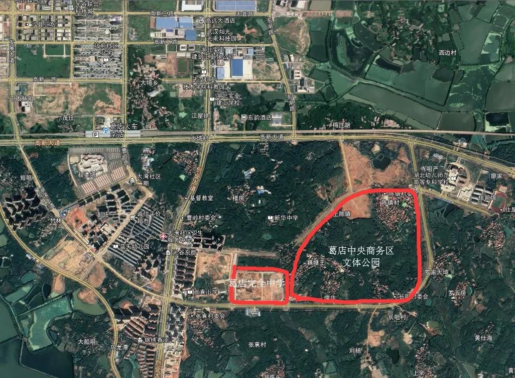葛店中央商务区文体公园东南至航海路,西北至学府路,位于葛店完全中学