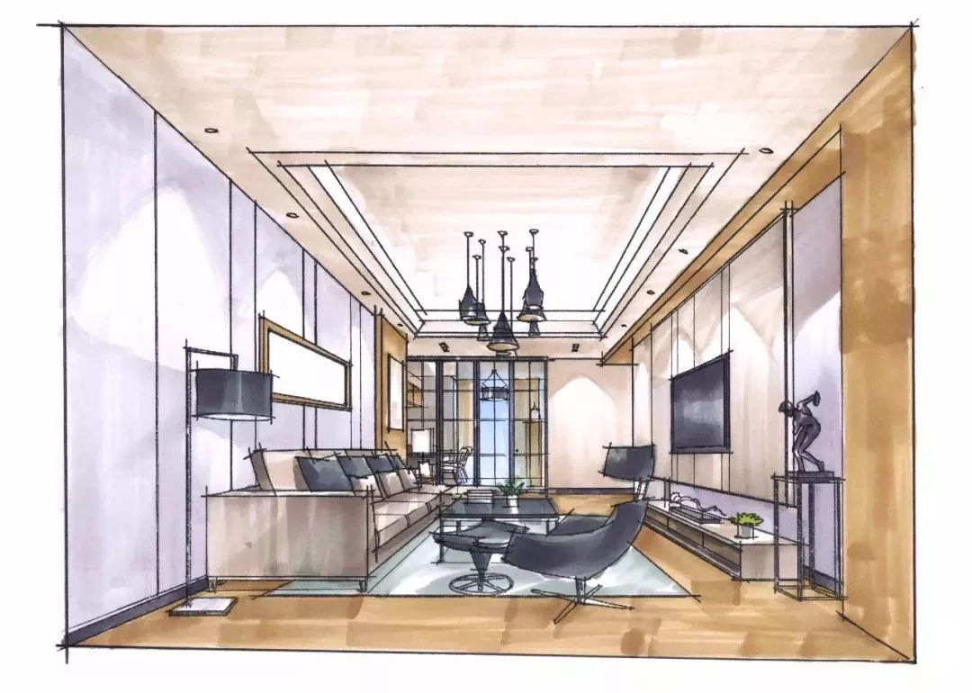 用wg3加强沙发,电视柜的转折面,注意笔触的变化,用wg2加强电视背景墙