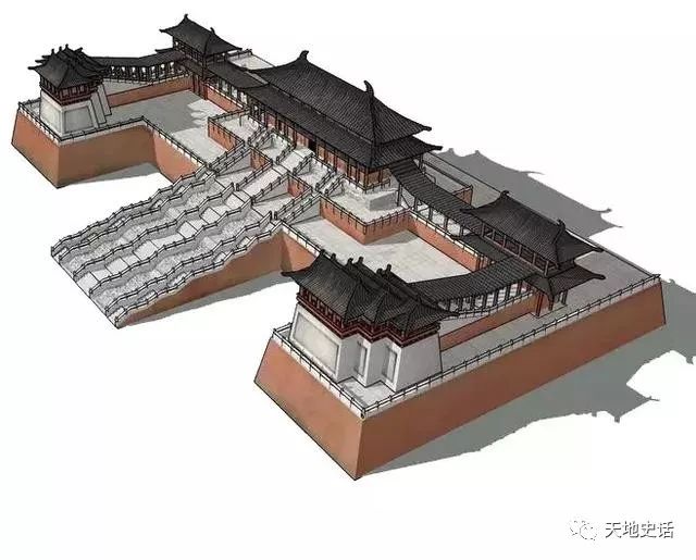 含元殿基址高出平地15.6m,殿前空间广阔,深远,有长约70m的"龙尾道".