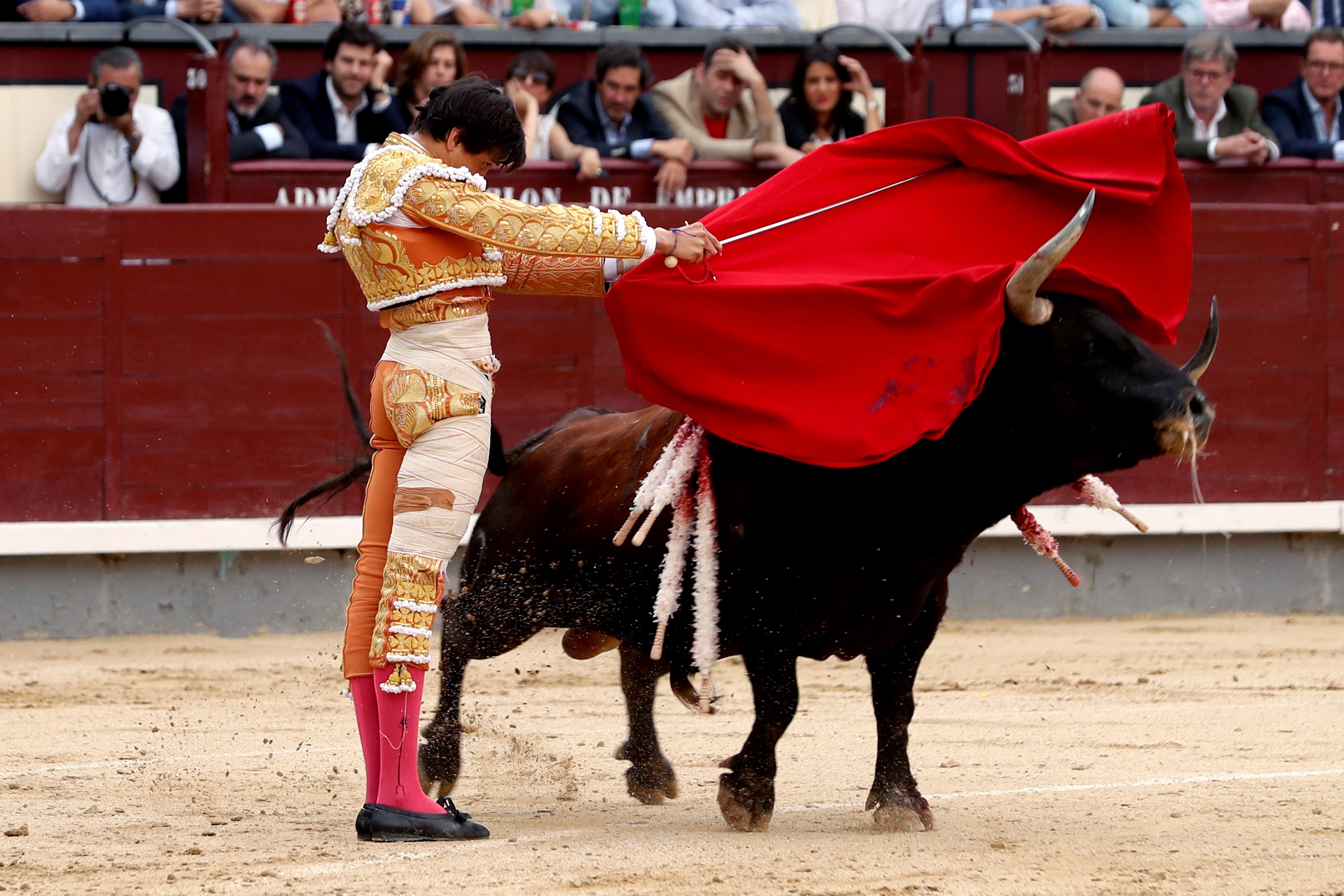 5月21日,在西班牙马德里举行的圣伊西德罗节上,一名斗牛士参加斗牛