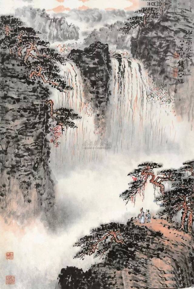 劲松挺拨站山尖 衬托日月好风光高山飞瀑眼中流 涛涛江水淌心中画面