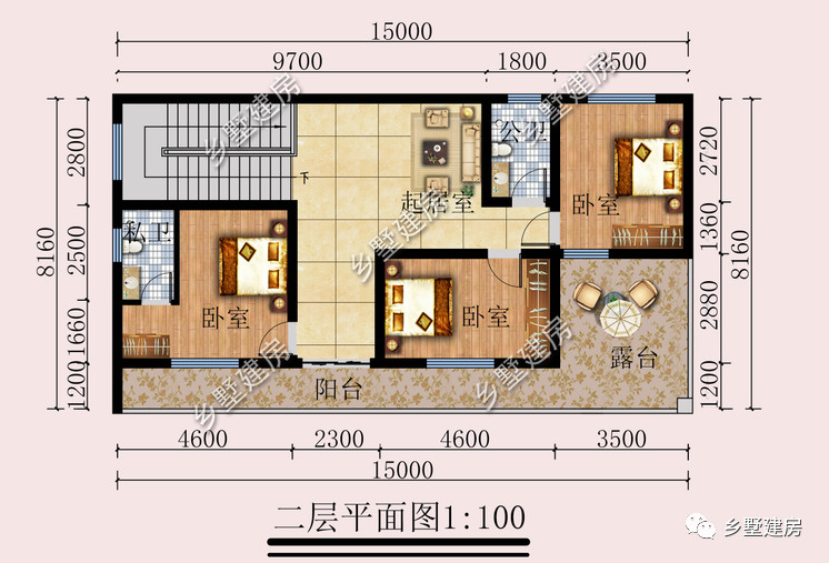 二层平面图:别墅设有3卧室,起居室,卫生间,阳台,露台