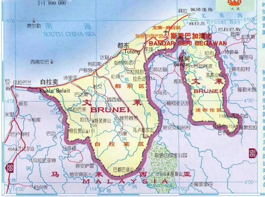 文莱位于东南亚加里曼丹岛西北部,陆地上与马来西亚接壤,北面濒临南海