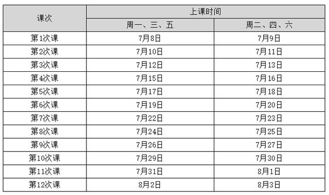 暑假上課時間安排