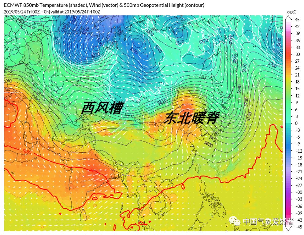 5月24日东北暖脊和西风槽示意图,中气爱根据ecmwf数据制作