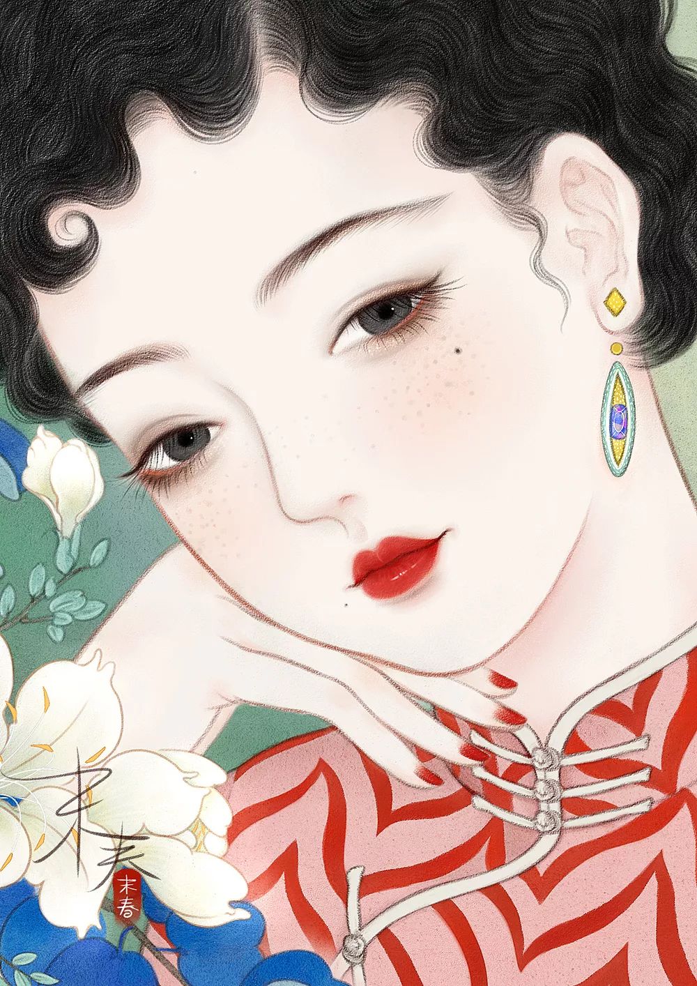 手绘旗袍美女插画师图片