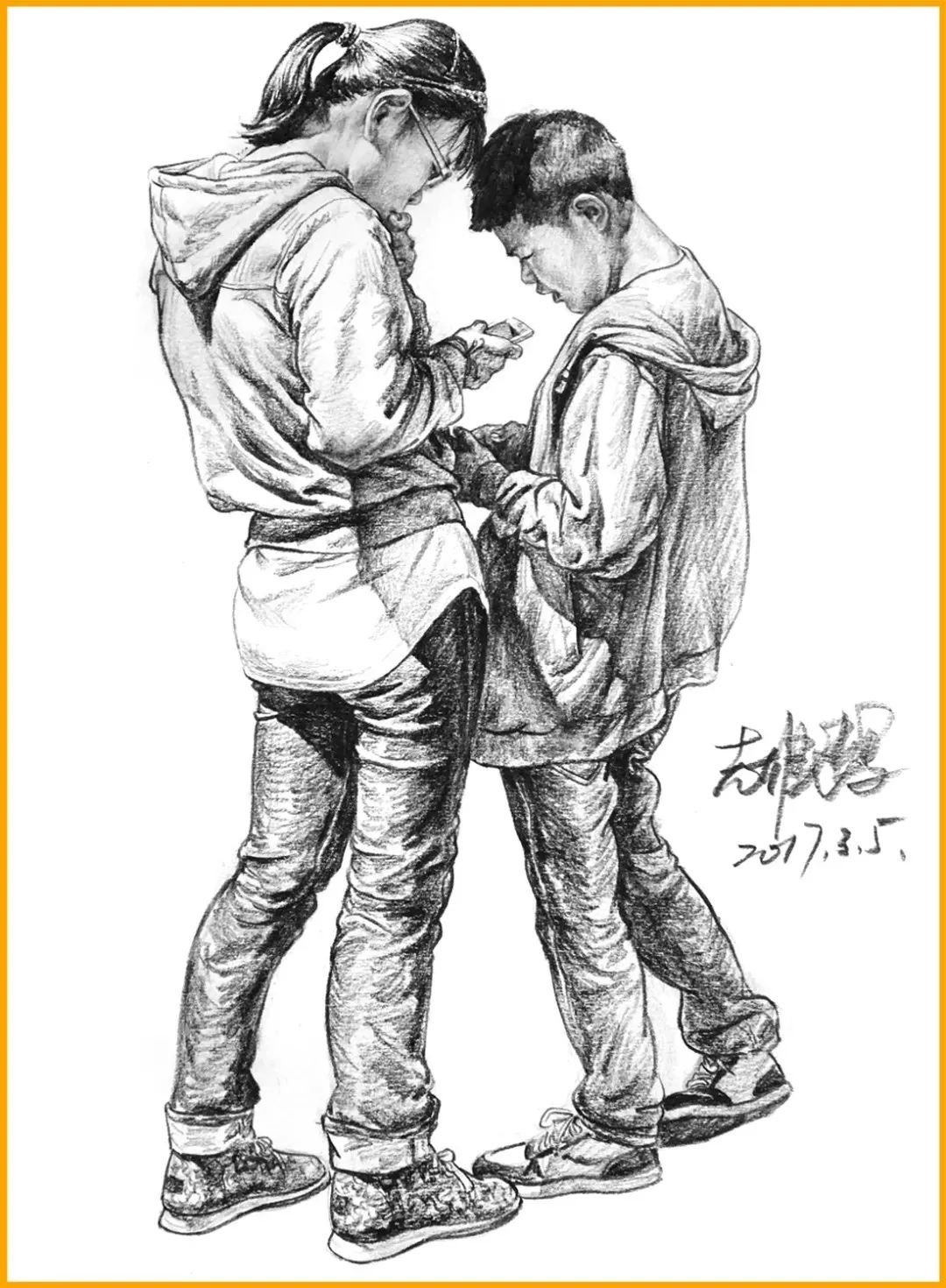 一,构图问题:在画双人速写之前,一定要解决构图上的问题,一般来说人物