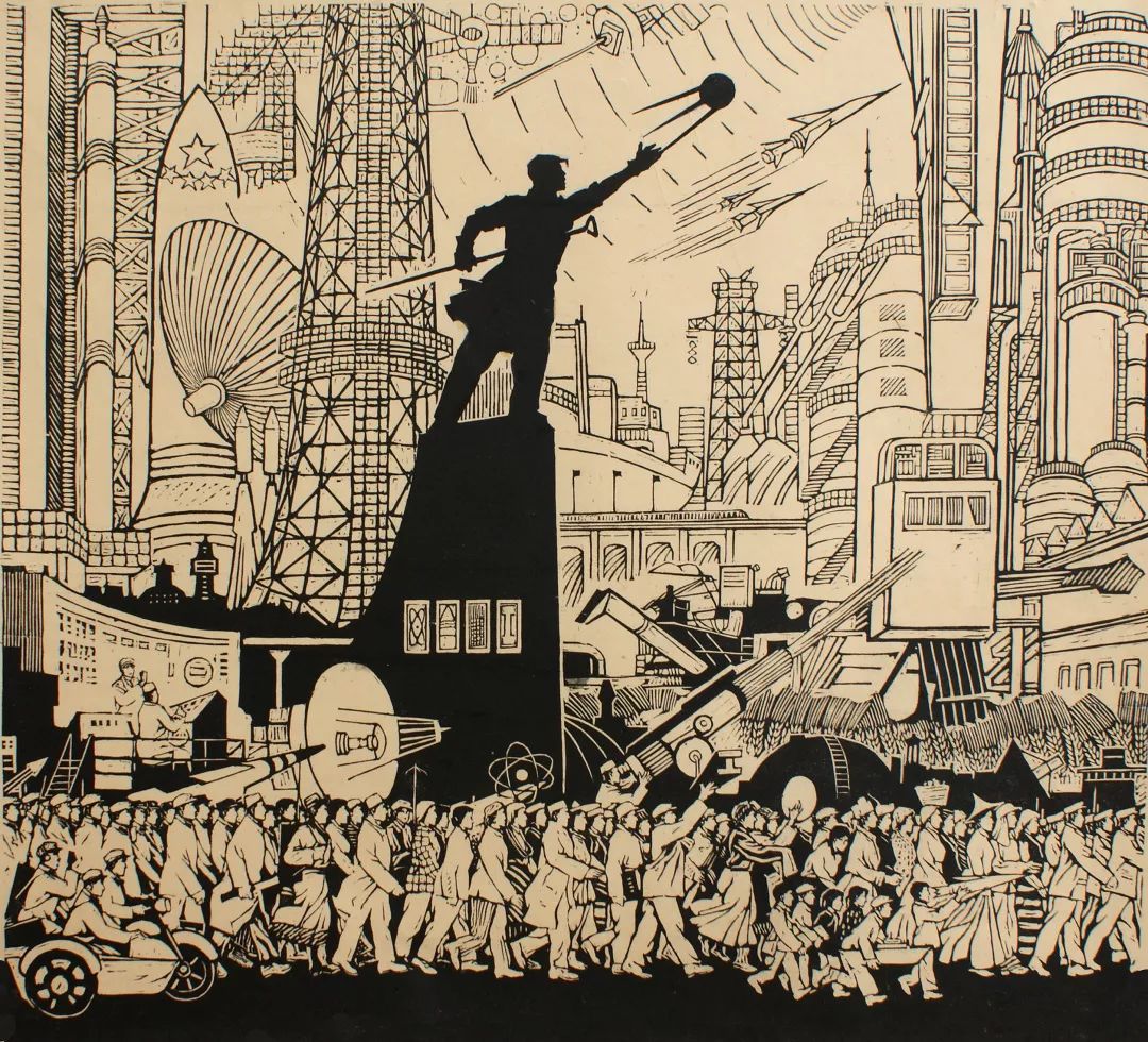 展出作品从《上海解放前夕》(木版画)开始,描绘了解放前夕上海街头的