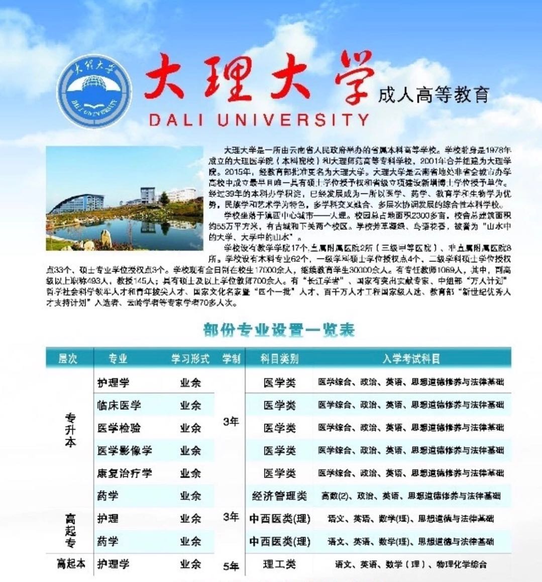 大理大學2019年成人高考報名專升本簡章招生簡章