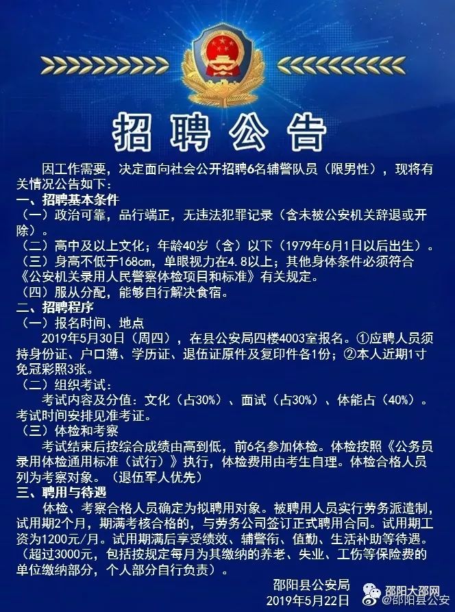 邵阳这里公开招聘6名辅警队员,有想法符合条件的快来吧!