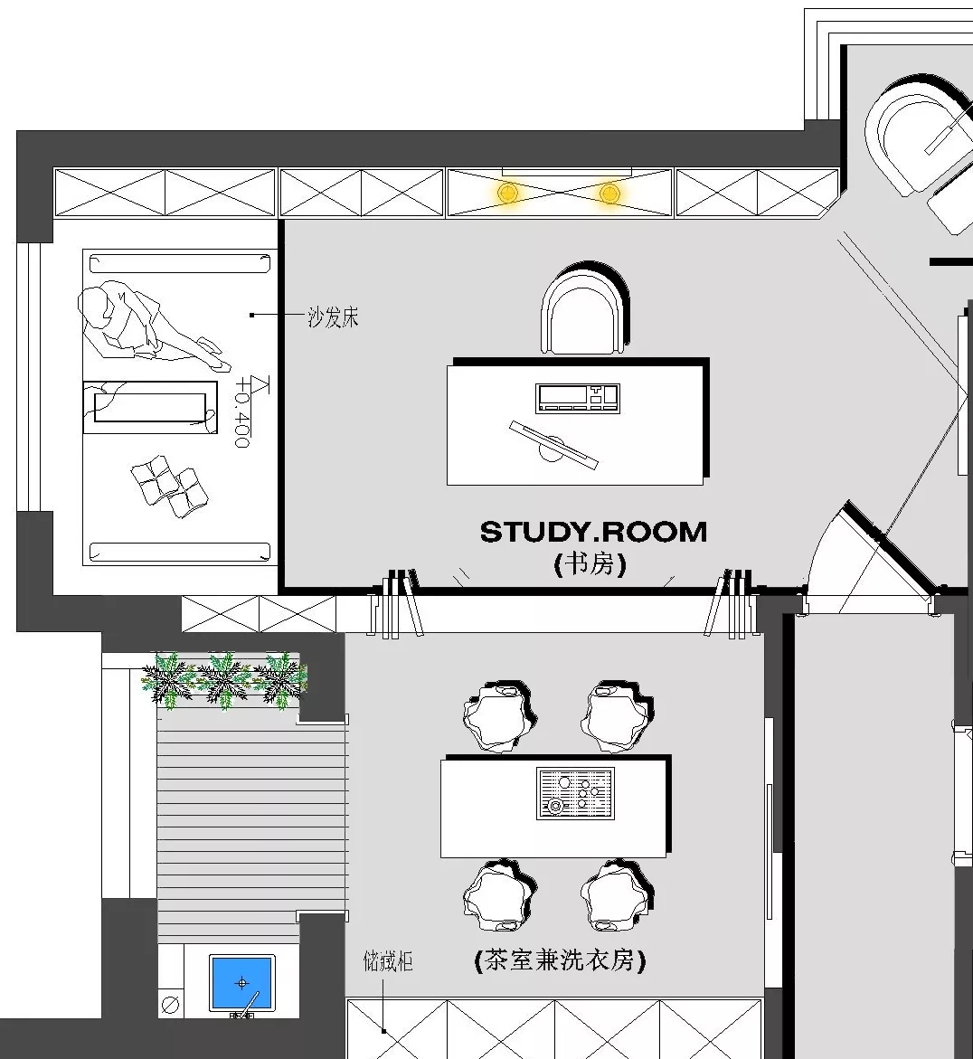书房与茶室毗邻,工作与休闲仅仅一步之遥.